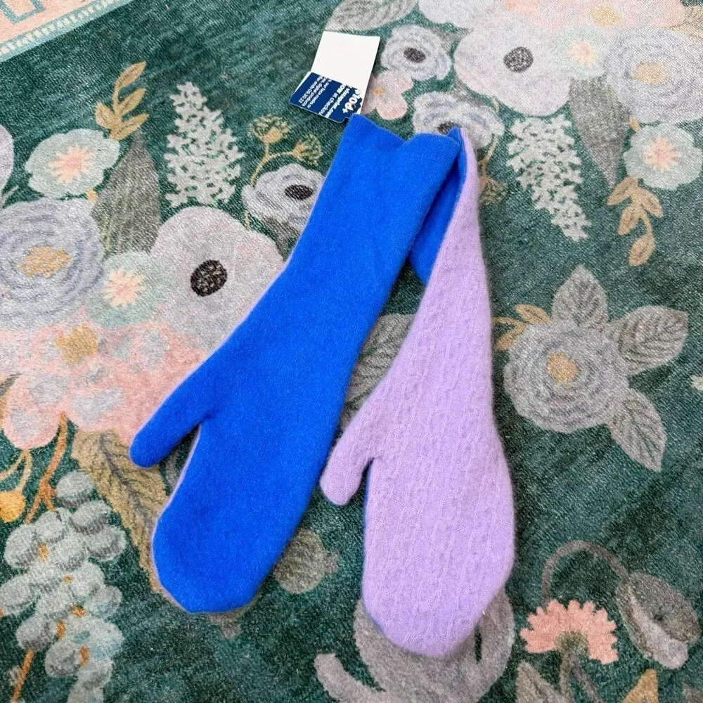 Cashmere Mittens Long Upcycled Handmade Blue Purple Knit Gloves Womens Adult NWT